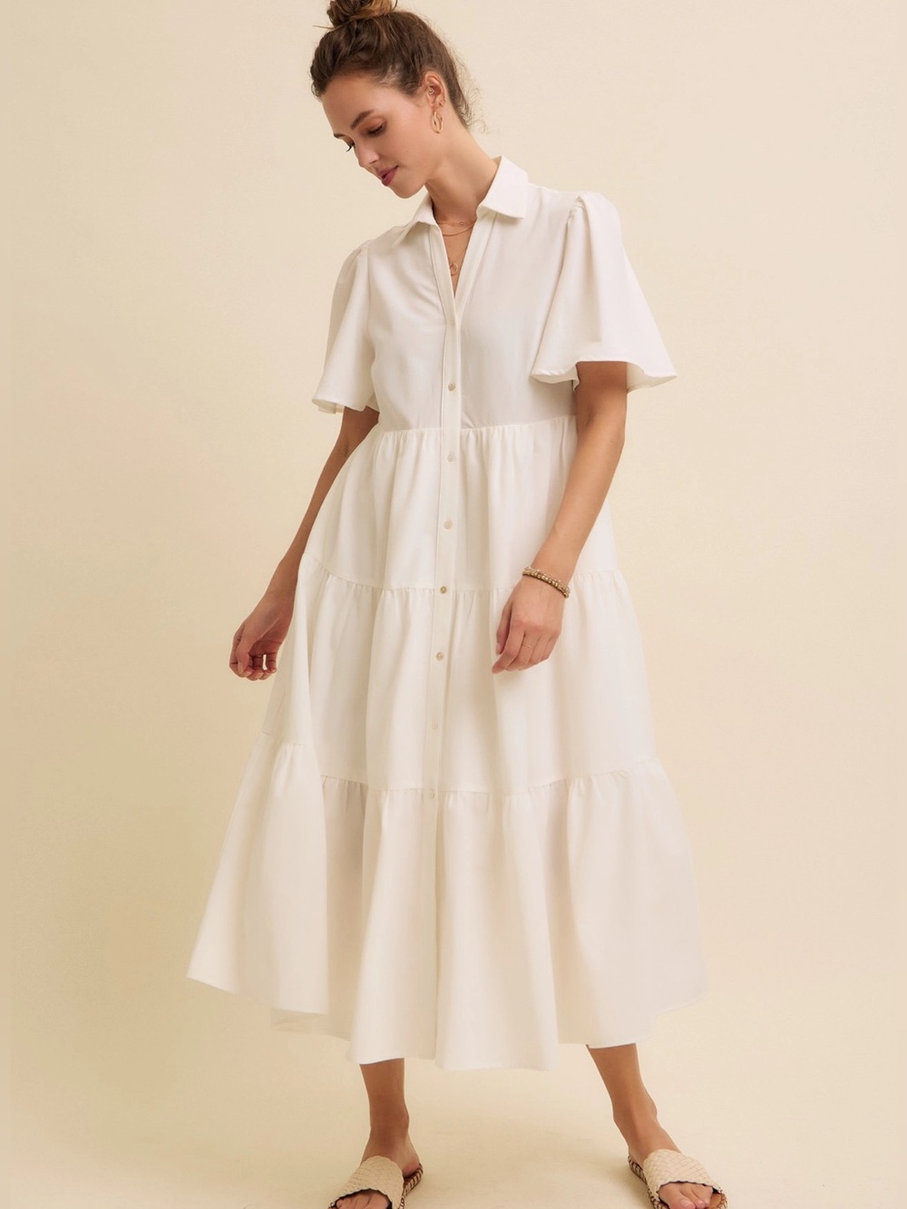 Flutter Sleeved Button-Down Shirt Midi DressSize Large